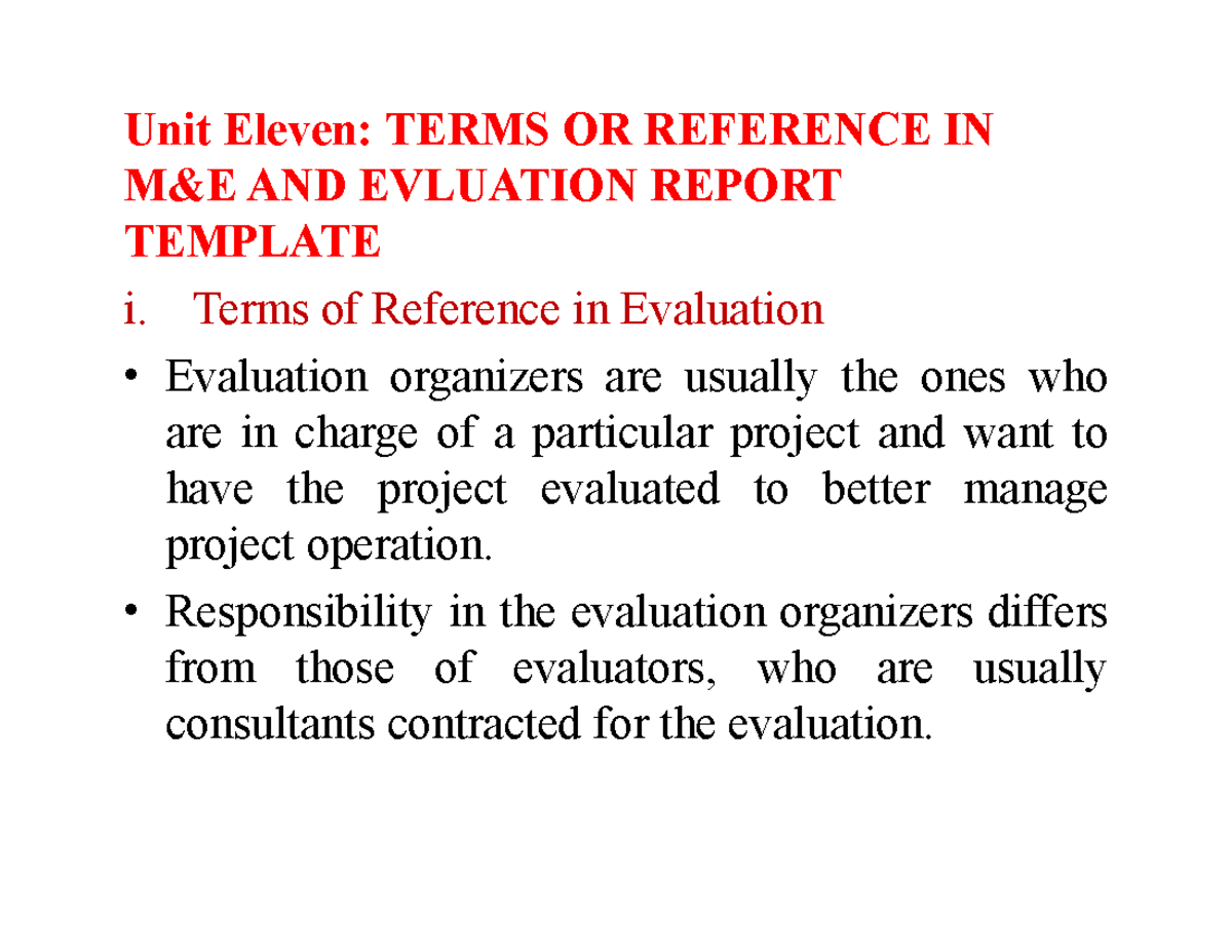 Unit 11: Terms of Reference & Evaluation Report Template - Studocu