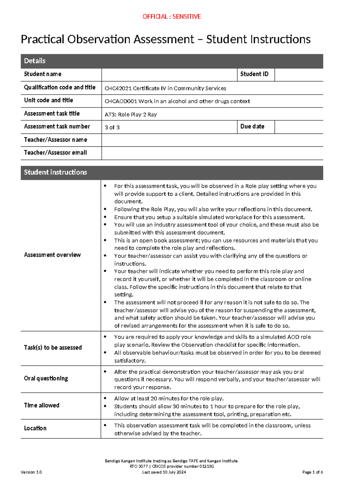 CHC42021 CHCAOD001 AT3: Role Play 2 Student Instructions 2024 - Studocu
