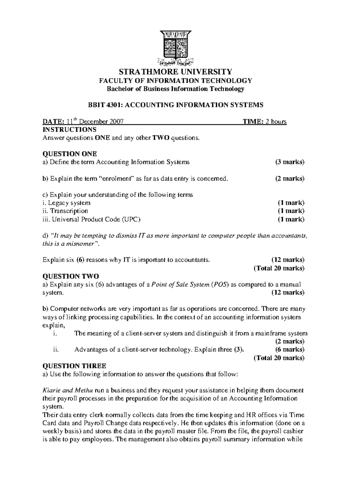 BBT 4301 - Accounting Information Systems - Dec 2007 - STRATHMORE ...