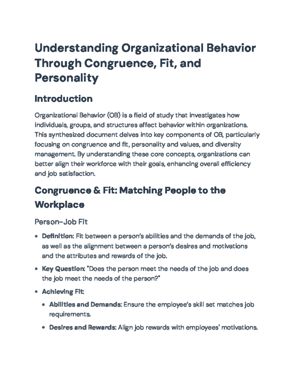 Understanding Organizational Behavior: Congruence, Fit, and Diversity ...