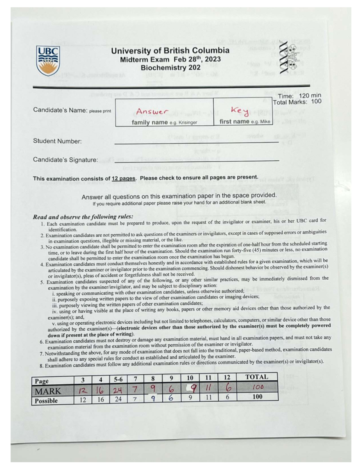 Midterm Exam Answer Key for Biochemistry 202 (BIOC 202) - Feb 28, 2023 ...