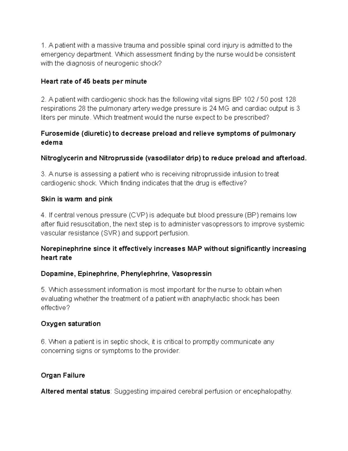 Midterm Study Guide: Shock Management and Nursing Interventions - Studocu