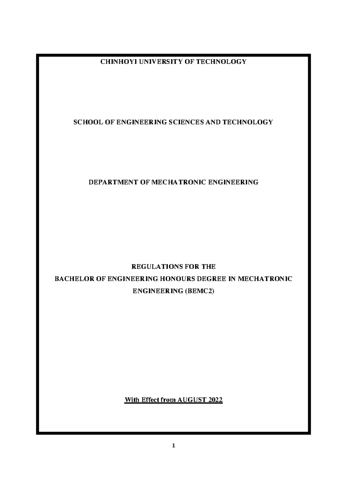 Final Regulations for BEng (Hons) Mechatronic Engineering (BEMC2) 2022 ...