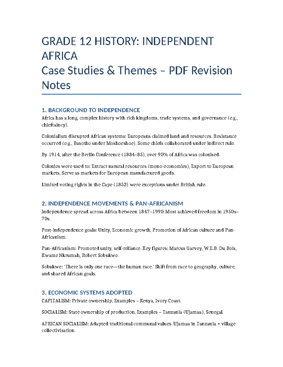 GRADE 12 HISTORY: INDEPENDENT AFRICA Case Studies Revision Notes - Studocu