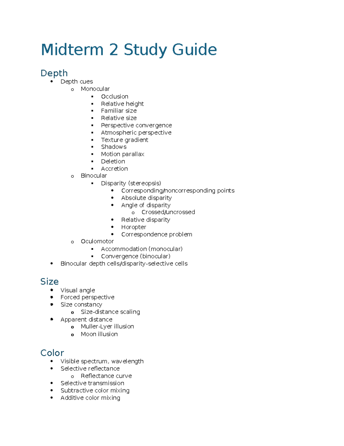 Midterm 2 Study Guide: Depth Cues, Color, Motion, and Attention ...