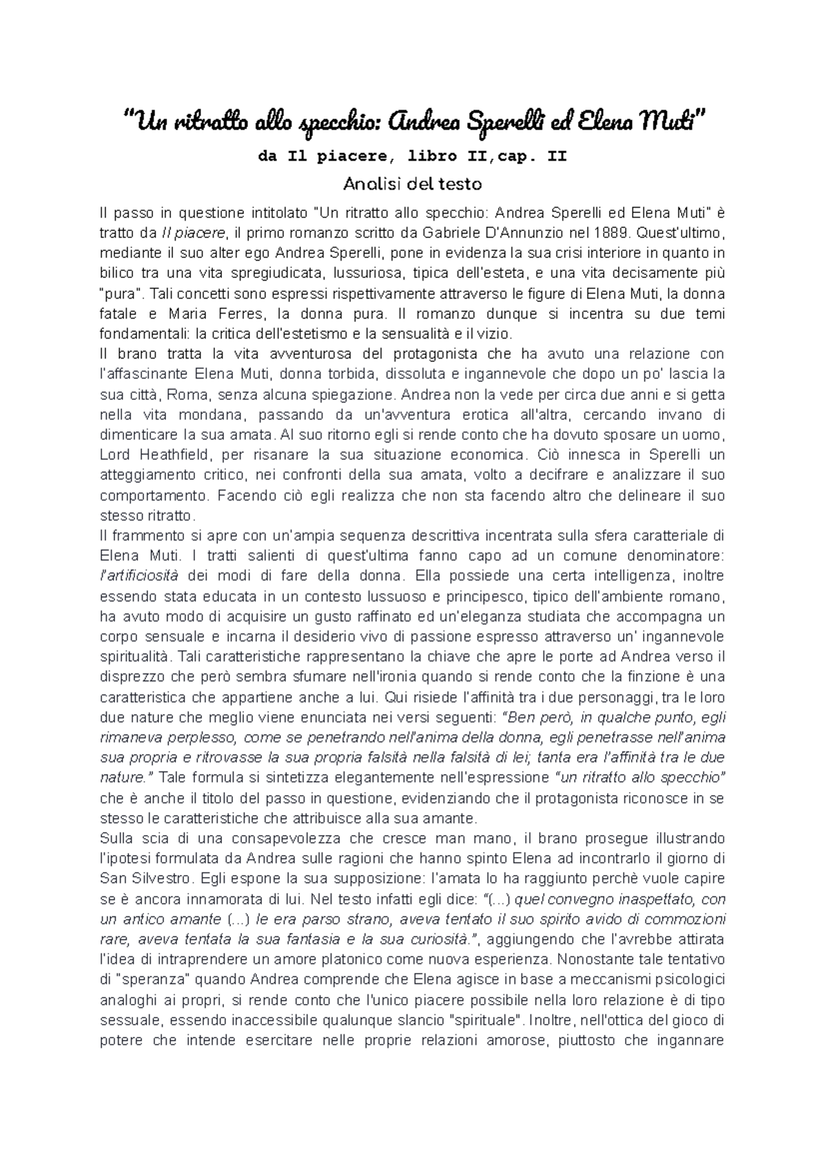 Analisi del testo di "Un ritratto allo specchio": Andrea e Elena - Document Preview