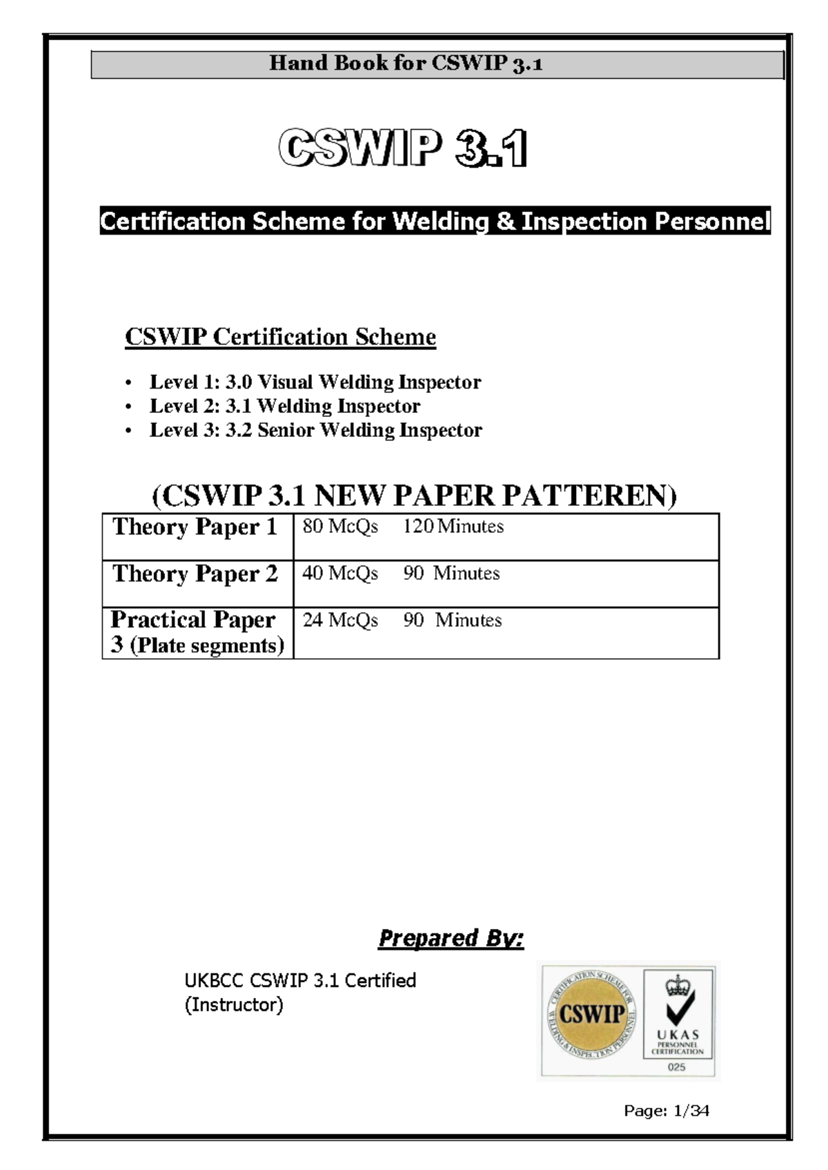 CSWIP 3.1 Certification Handbook: Welding Inspector Exam Notes - Studocu
