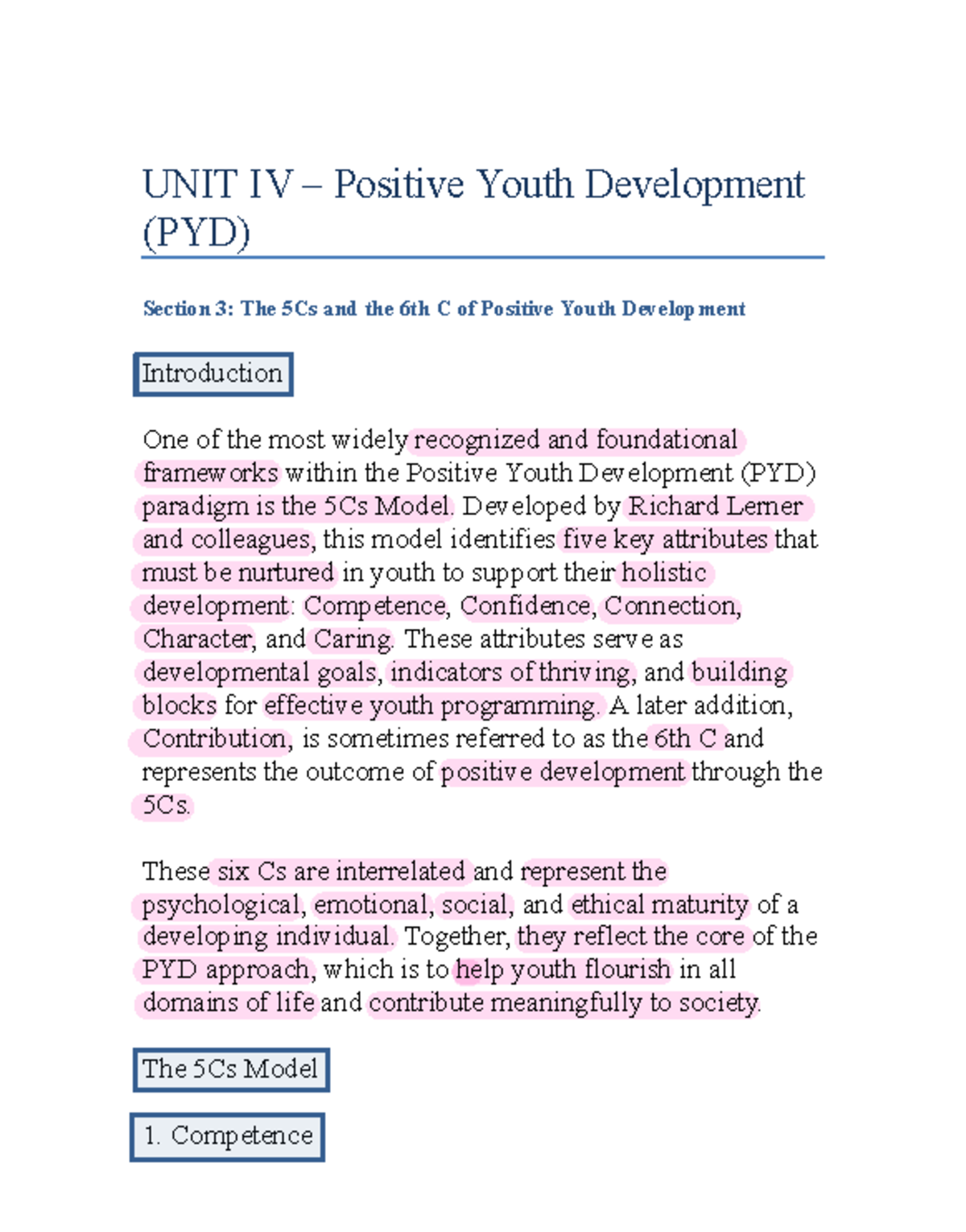 UNIT IV PYD Section 3: Understanding the 5Cs and 6th C in Youth ...