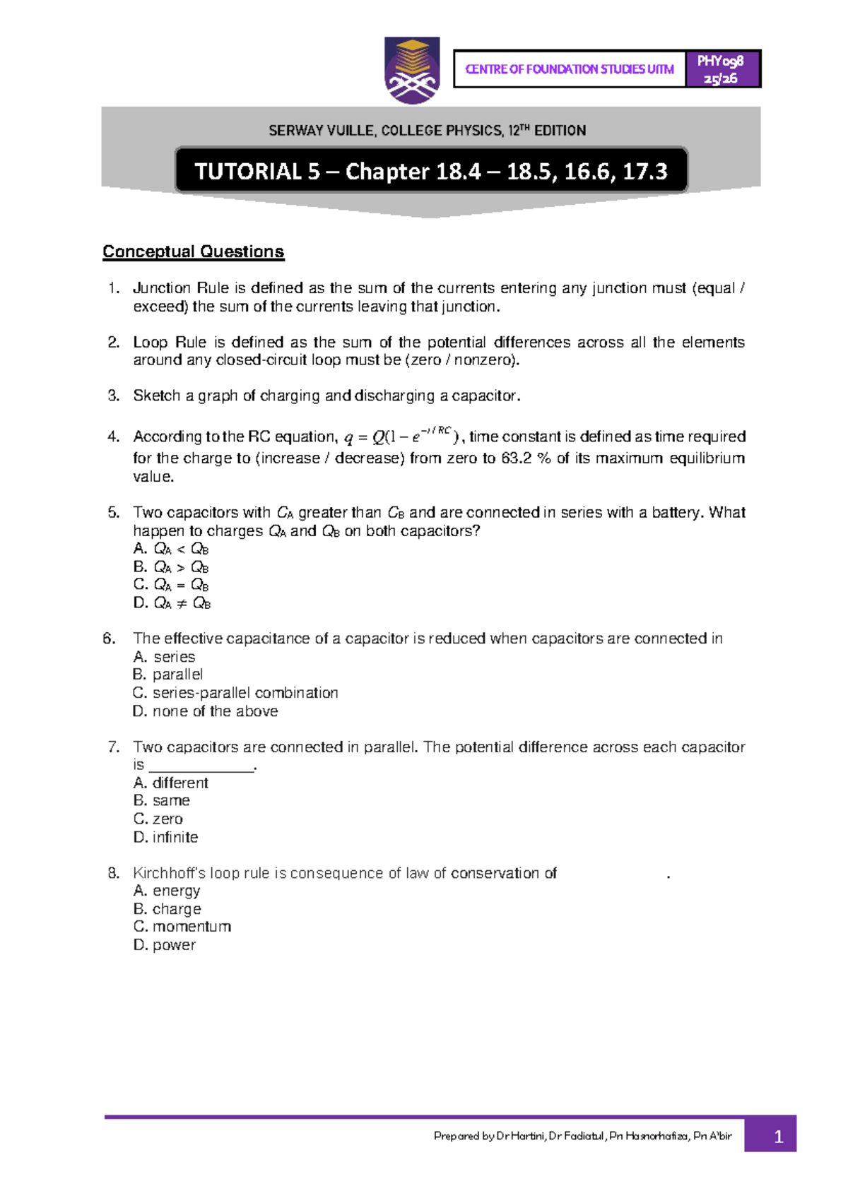 PHY098 Tutorial 5 - Capacitors & Circuit Analysis Concepts - Studocu