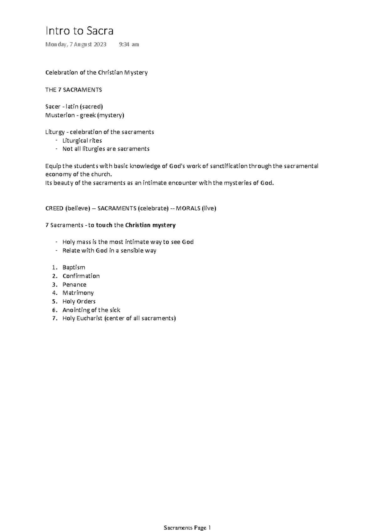 Sacraments - notes - Celebration of the Christian Mystery THE 7 ...