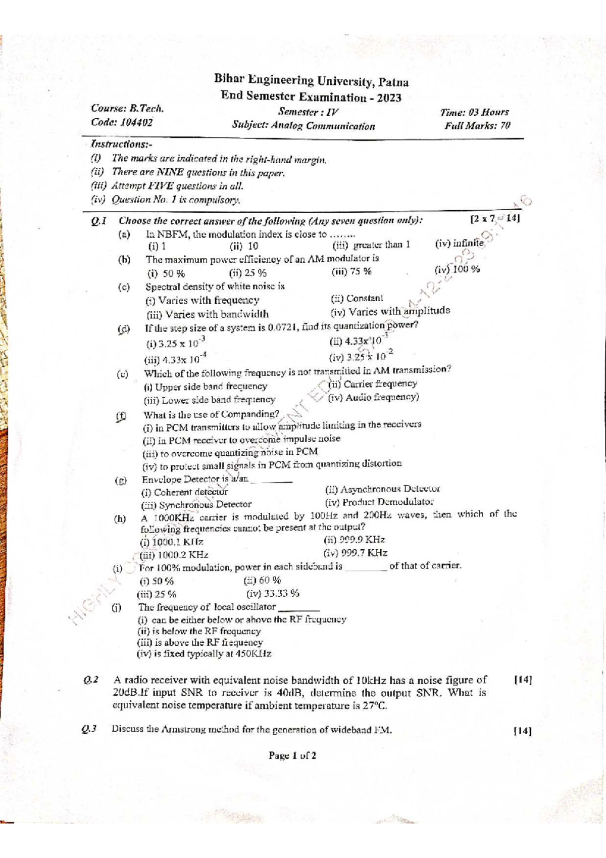 Bihar Engineering University, Patna ECE 4th Sem End Sem Exam PYQ 2023 ...