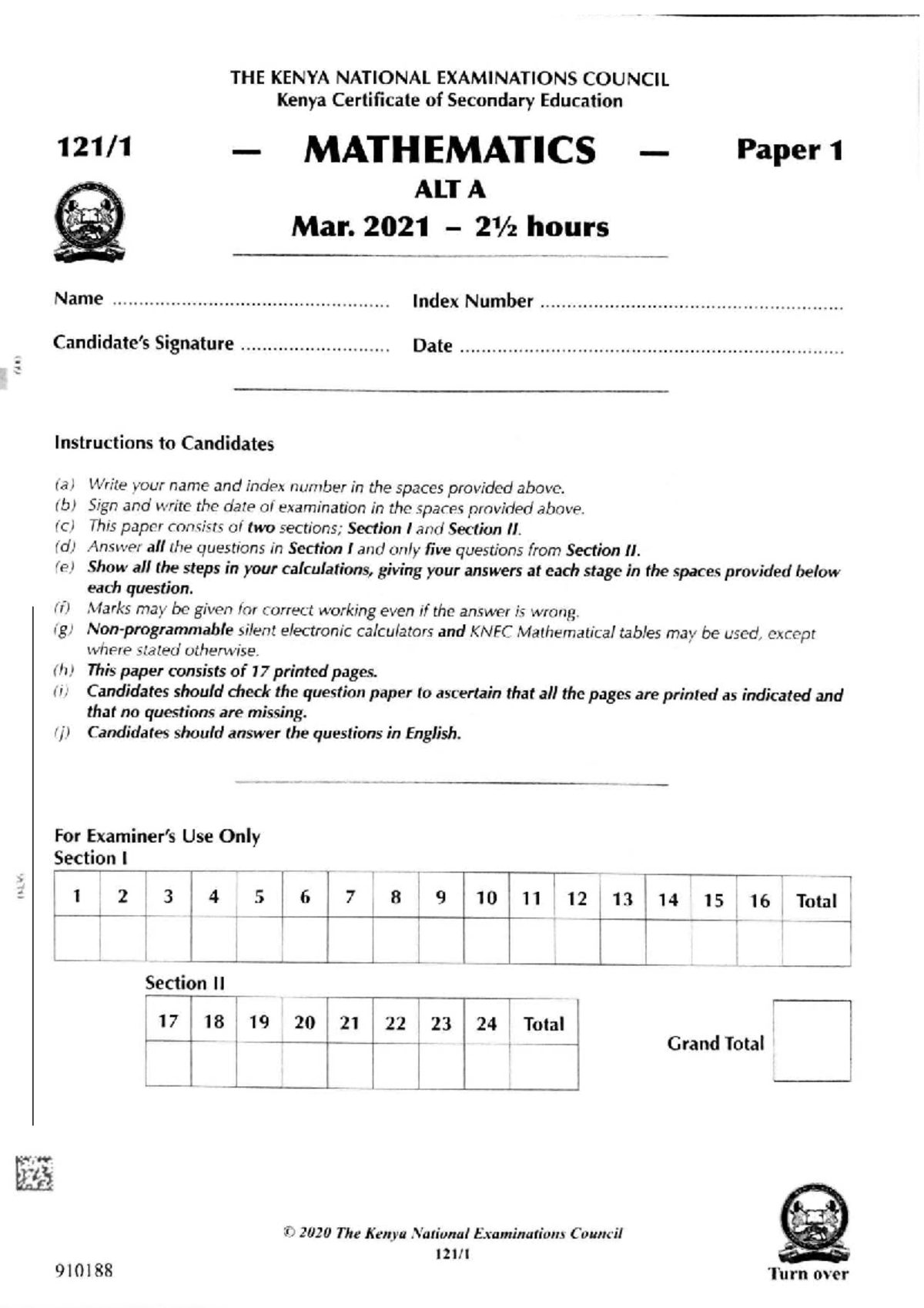 Mathematics Paper 1 KCSE 2020 Exam Instructions and Questions - Studocu