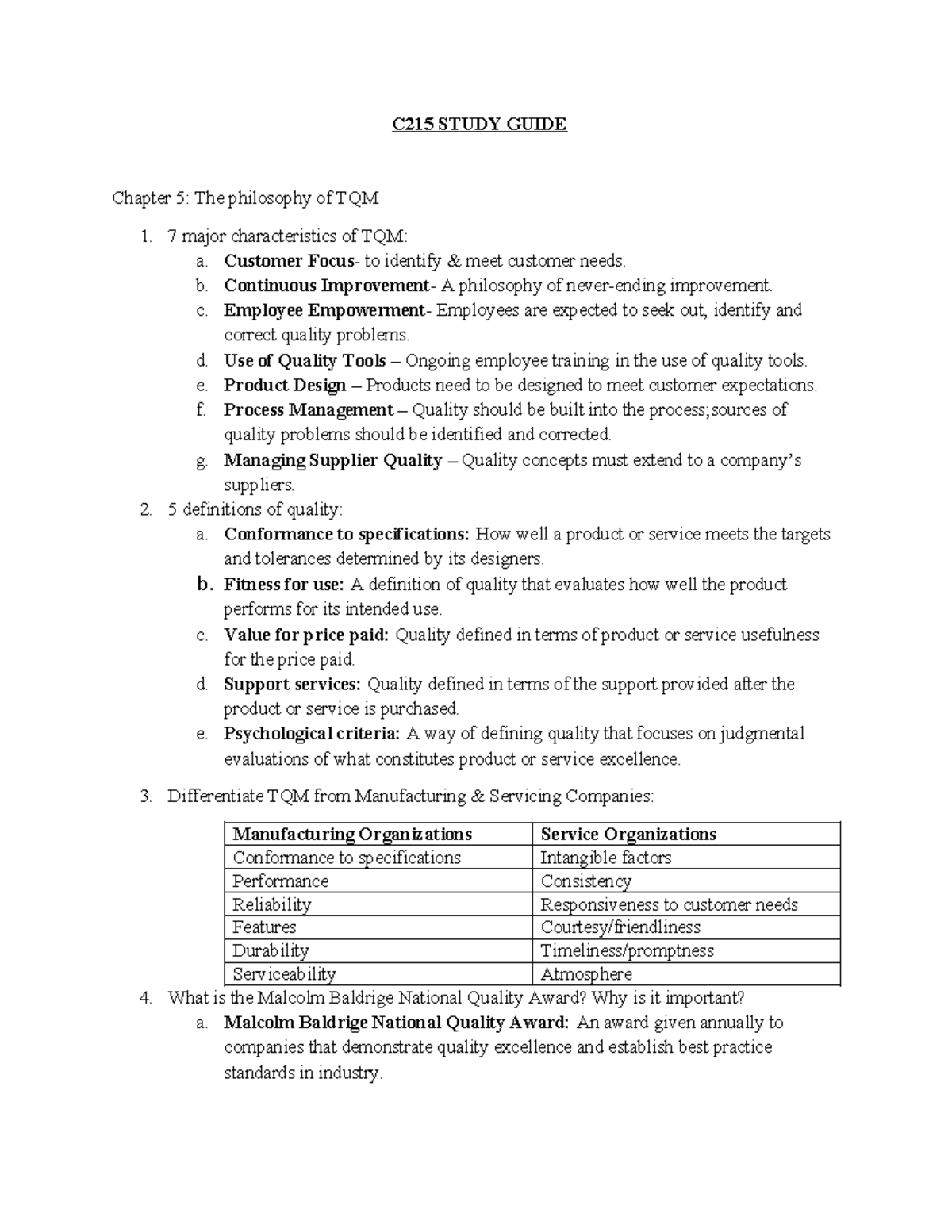 C215 Study Guide - C215 STUDY GUIDE Chapter 5: The philosophy of TQM 1 ...