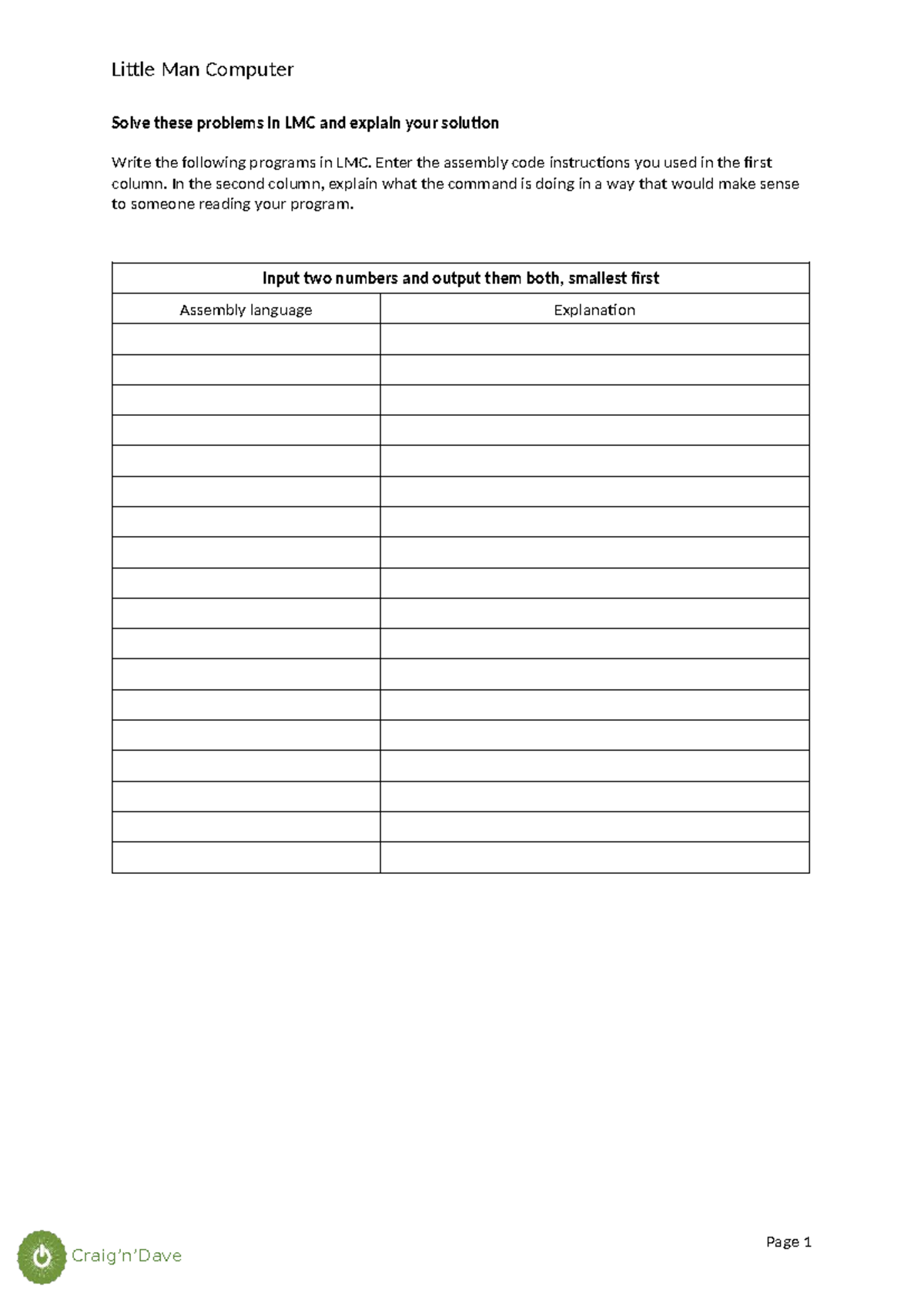 LMC Assembly Language Activity 10: Problem Solving & Explanations - Studocu