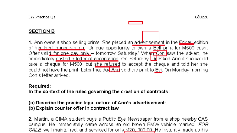 LW Practice Questions - Contract Law Analysis and Case Studies - Studocu