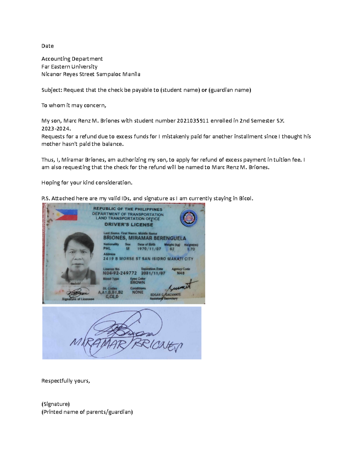 Request Letter for Tuition Refund - Sample Template S.Y. 2023-2024 ...