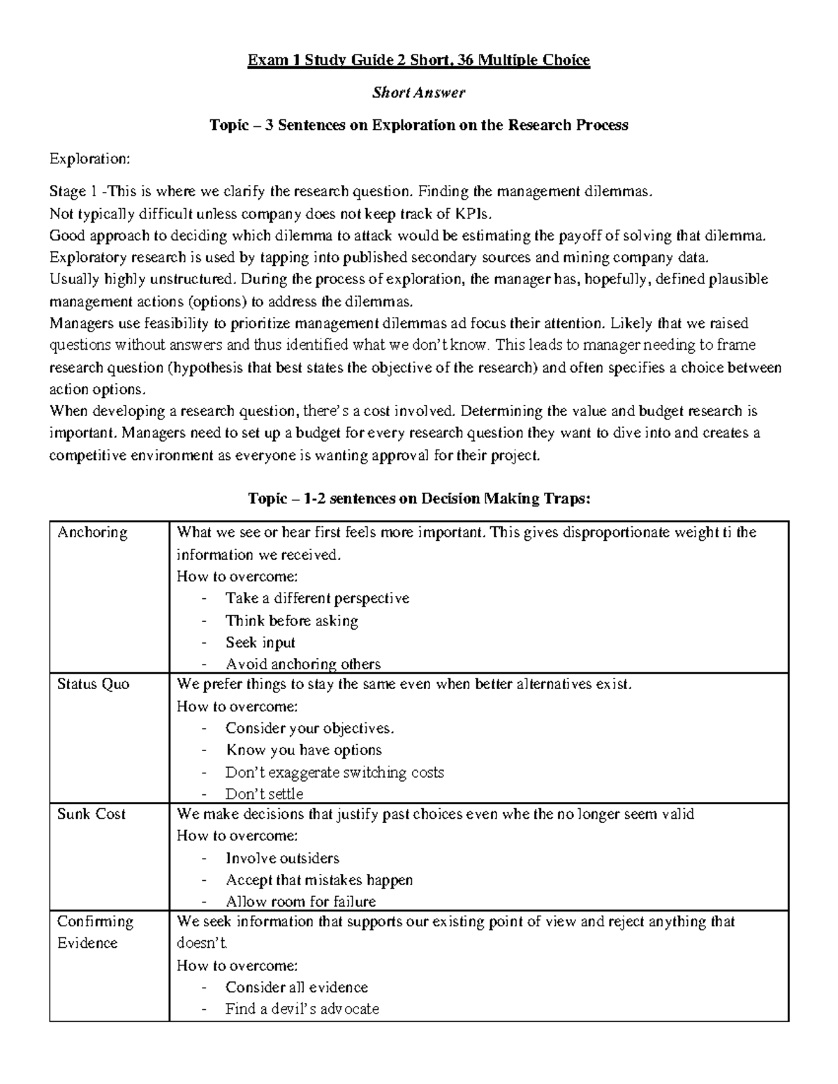 Exam 1 Study Guide: Key Concepts on Research Process & Decision Making ...