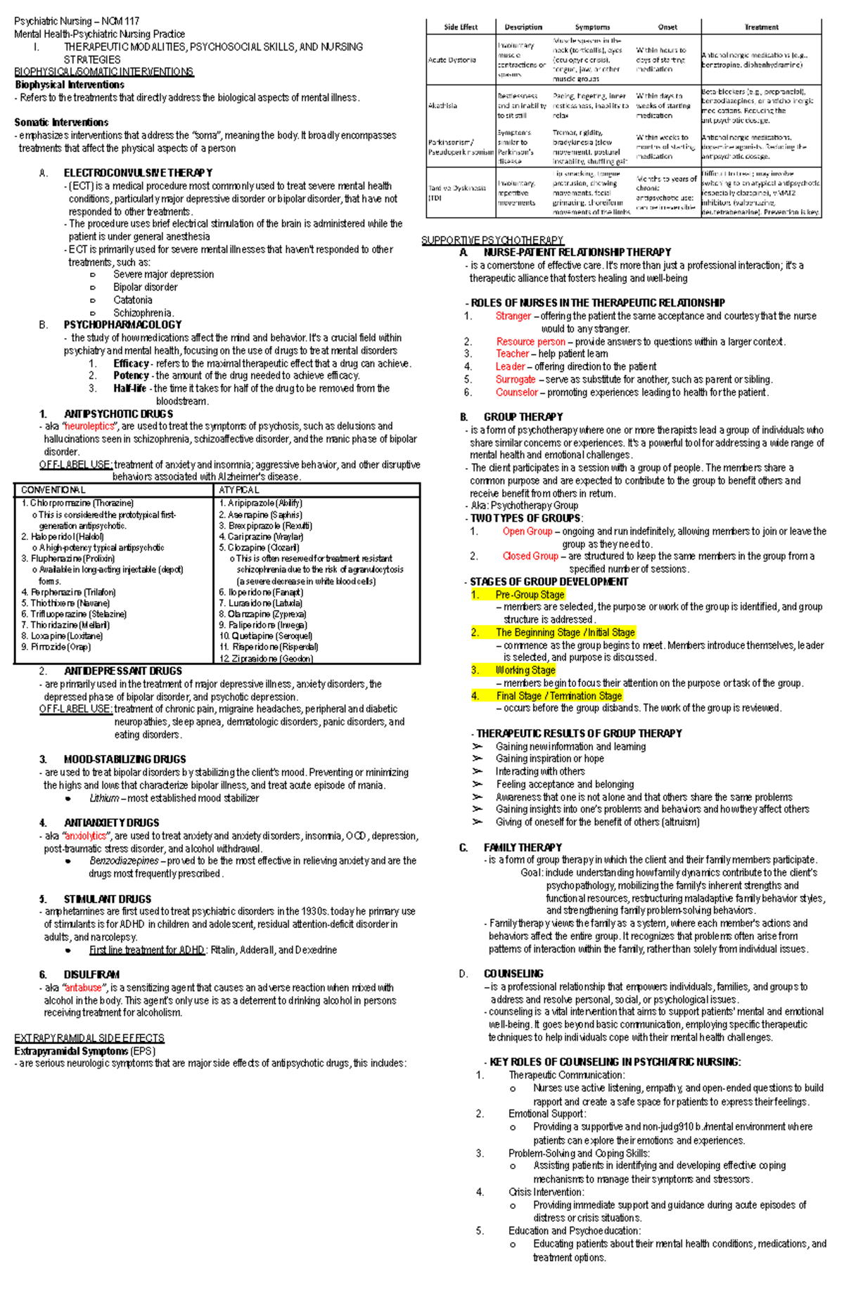 Psychiatric Nursing NCM 117: Therapeutic Modalities & Interventions for ...