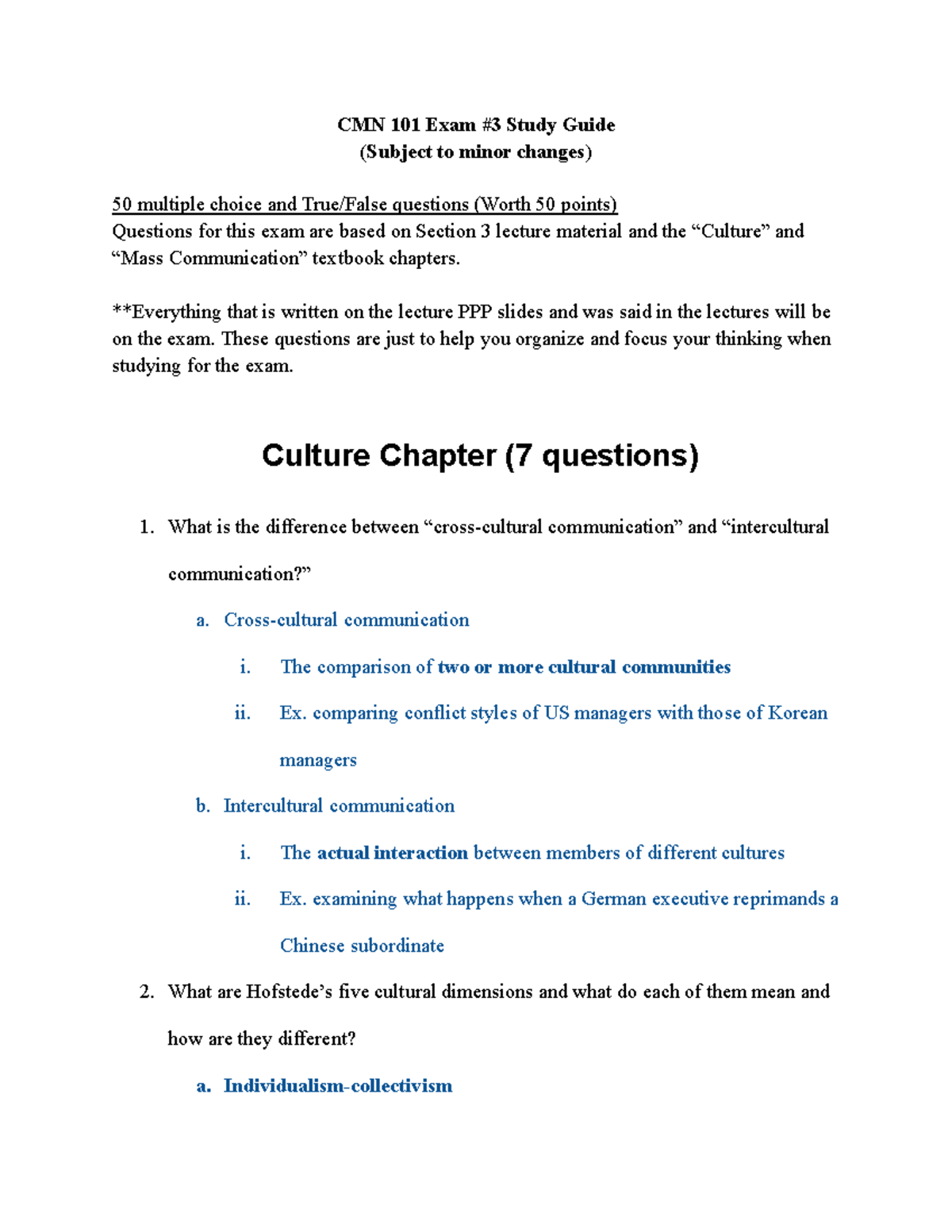 CMN101 Exam 3 Study Guide: Key Concepts in Culture & Mass Comm - Studocu