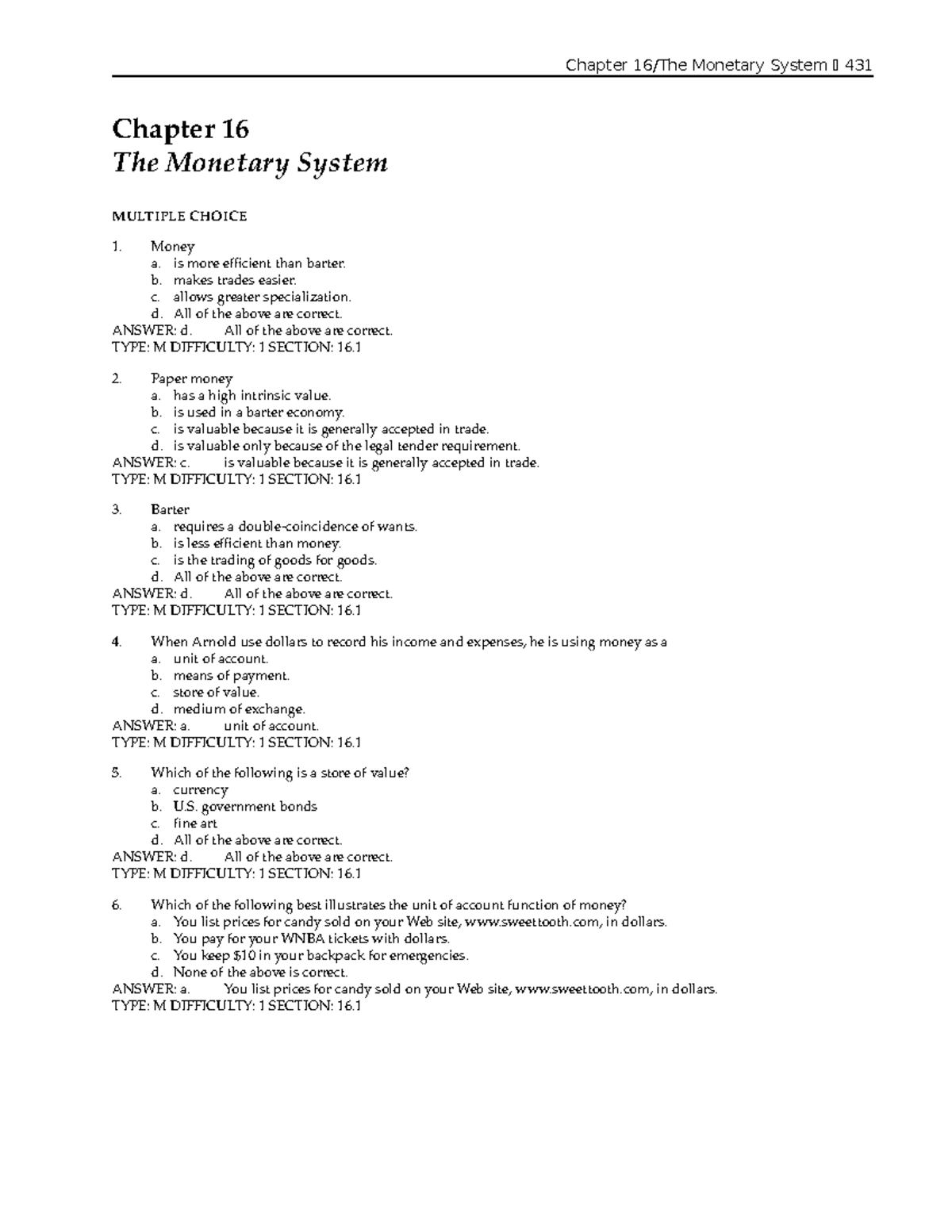 Macroeconomics Test Bank 10: Chapter 16 - The Monetary System - Document Preview