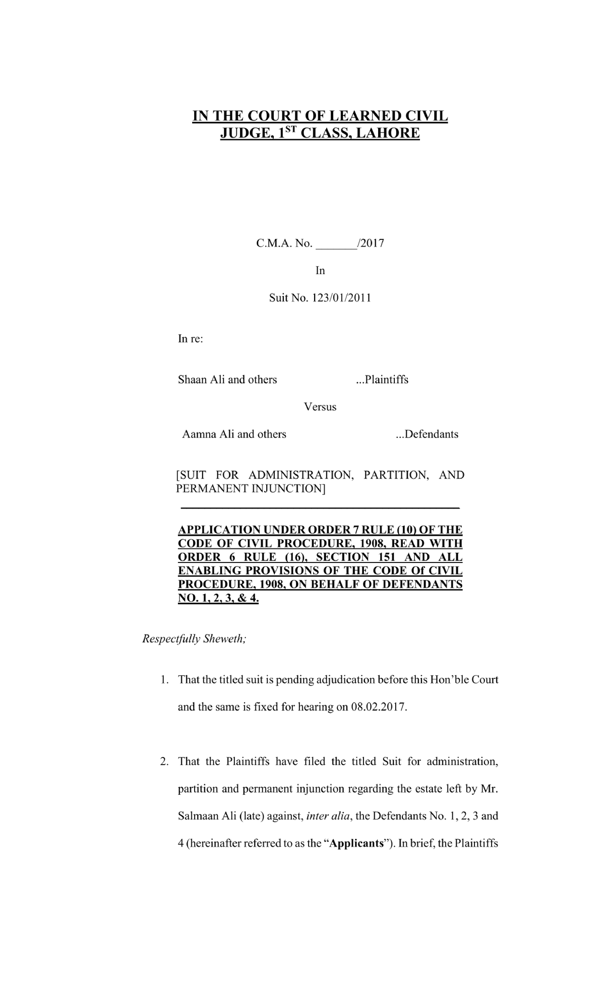 O7 R10 Application I - Draft Template for Order 7 Rule 11 - Studocu