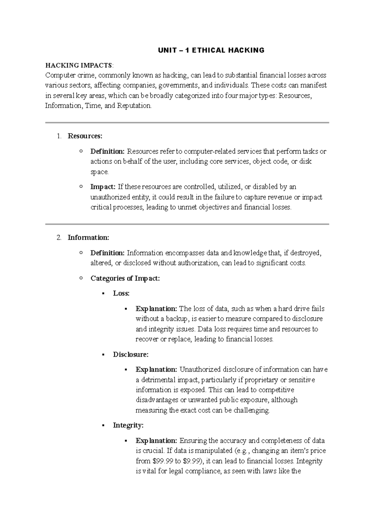 EH Unit-1 - Comprehensive Ethical Hacking Notes and Impacts Analysis ...
