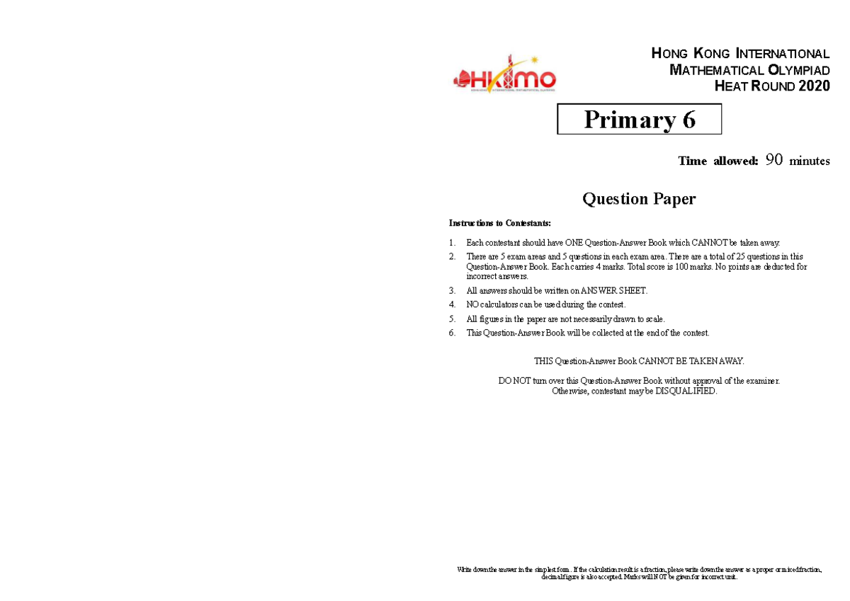 HkIMO 2020 Heat Round Primary 666 Question Paper - Studocu