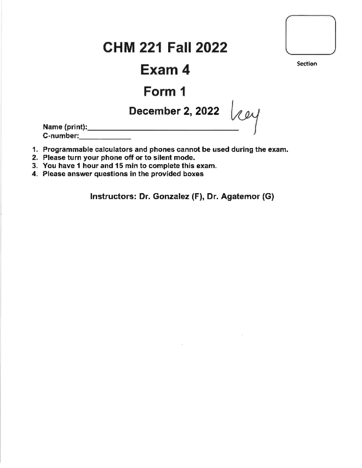 CHM221 Exam 4 Key - Fall 2022 Answer Key for Section Exam 4 - Studocu