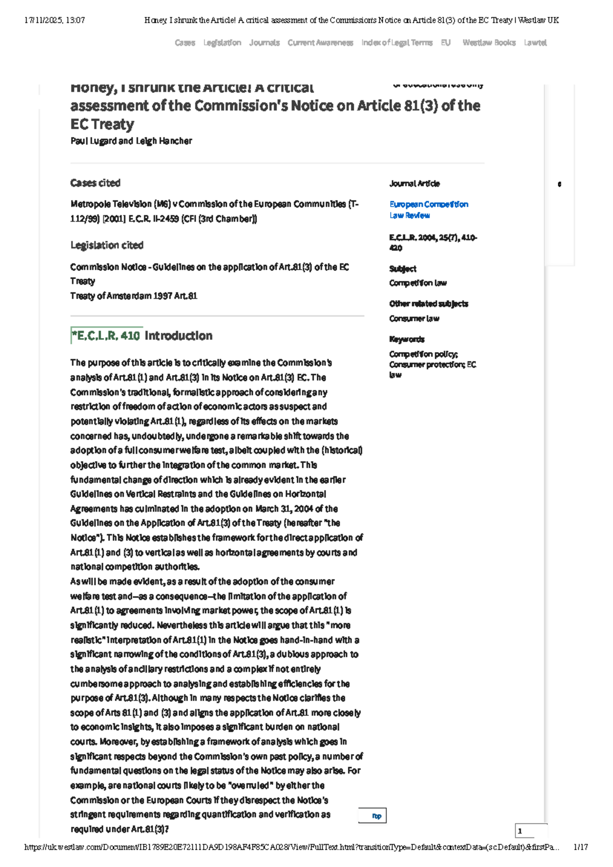 Critical Assessment of the Notice on Article 81(3) of the EC Treaty ...