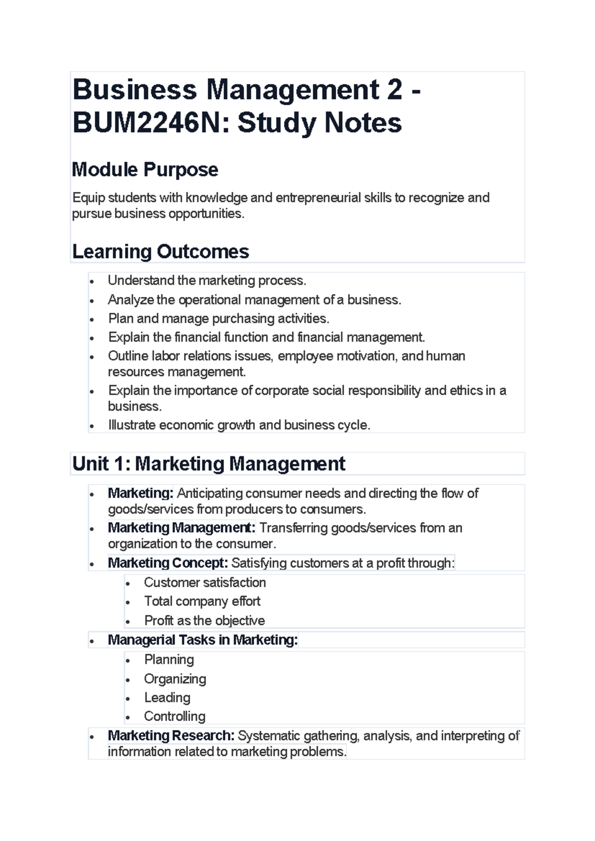 Business Management 2 BUM2246N: Comprehensive Study Notes - Studocu