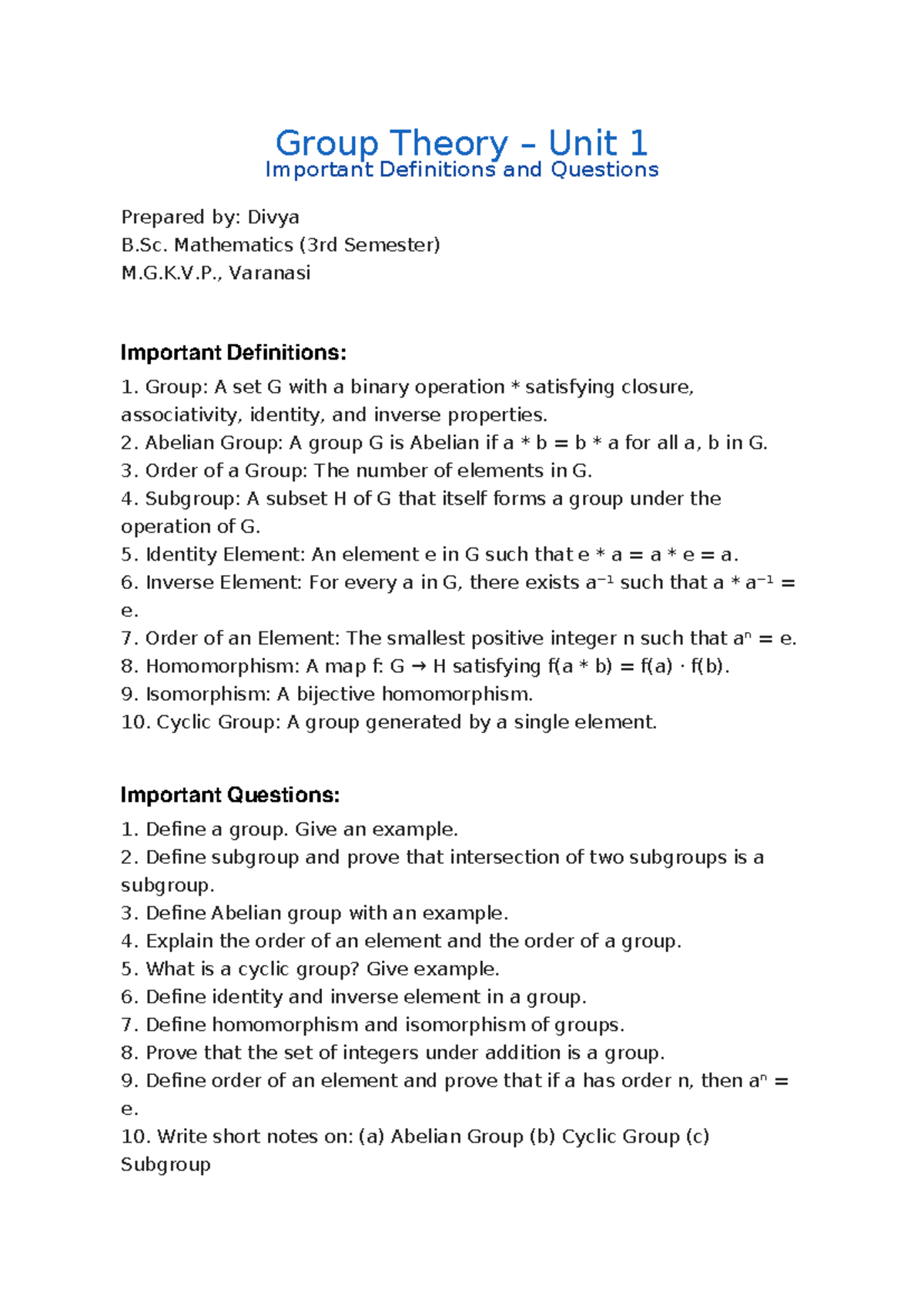 Group Theory Unit 1: Key Definitions & Questions - B.Sc. Math - Studocu
