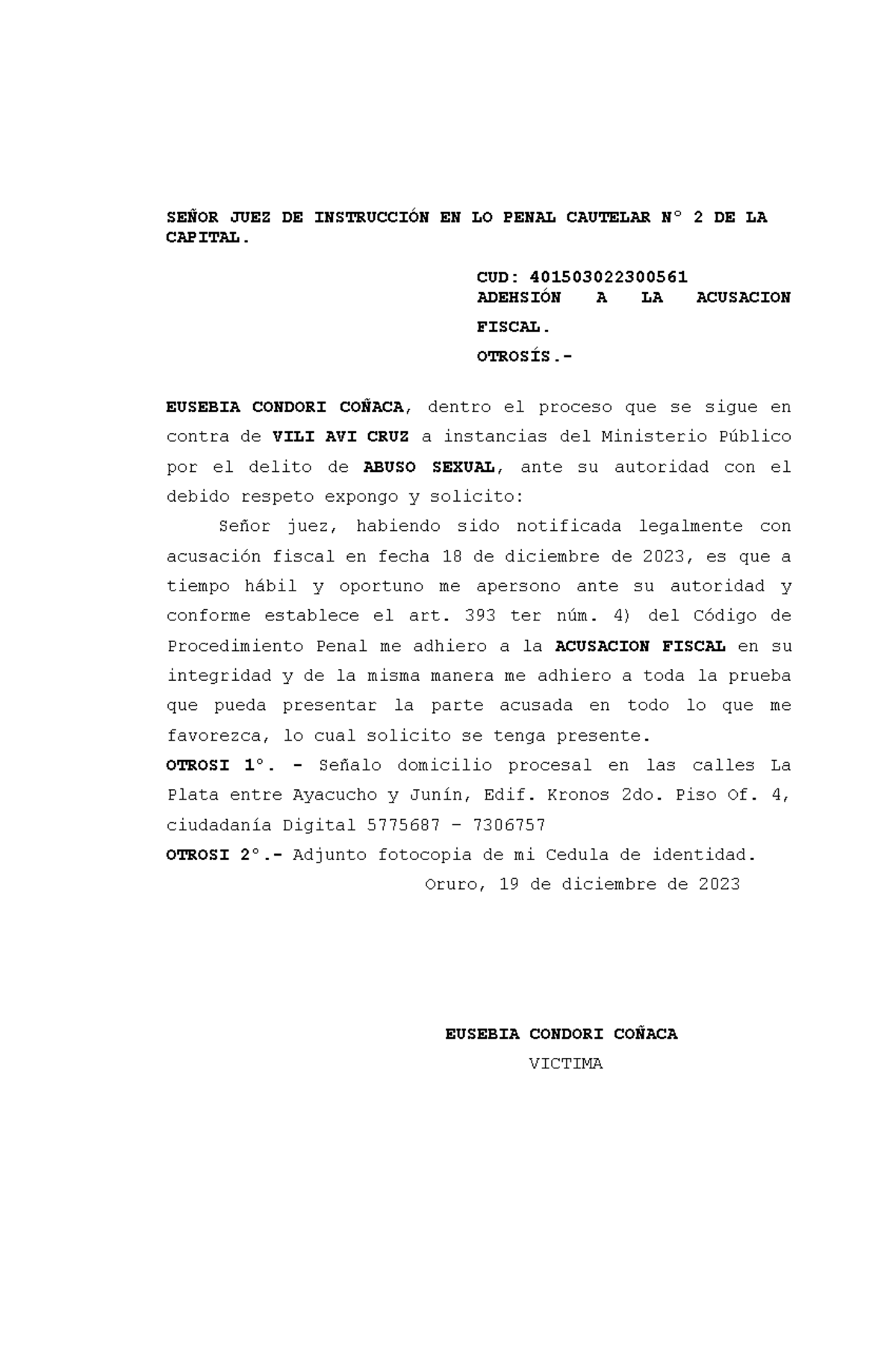 Adhesión a la Acusación Fiscal en el Proceso Penal Nº 401503022300561 ...