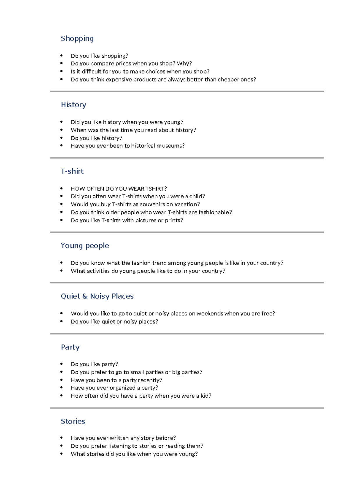 2025-Q2 - English Questions for Practicing Daily Conversations - Studocu