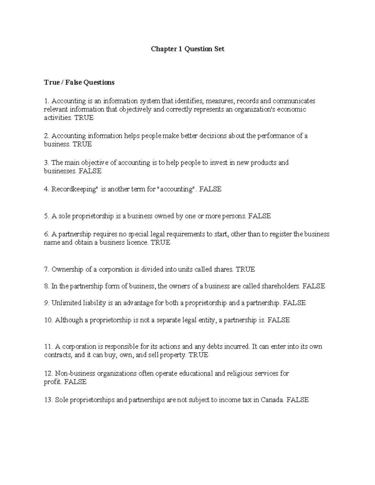 Chapter 1 True/False & MCQ Review for Accounting 101 - Studocu