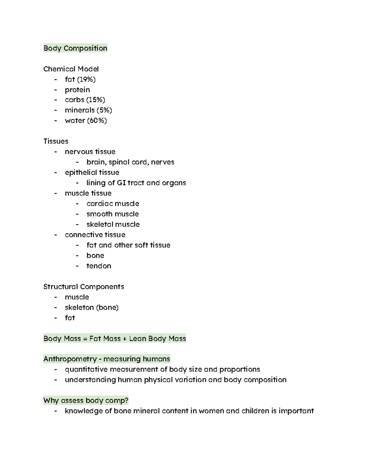 BPK 142 - Body Composition Notes - Body Composition Chemical Model ...