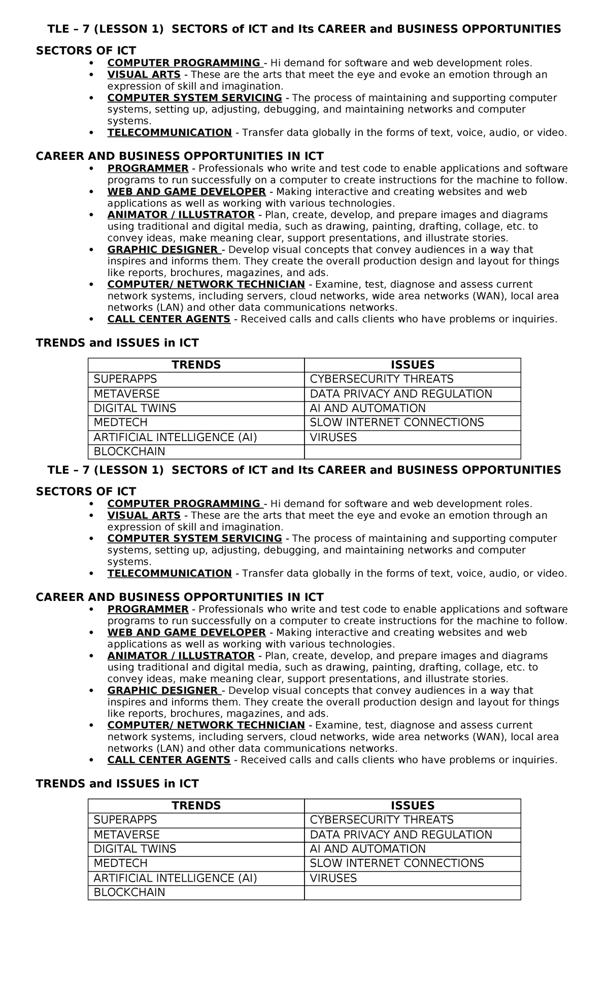 TLE 7 - Lesson 1: ICT Sectors & Career Opportunities Overview - Studocu