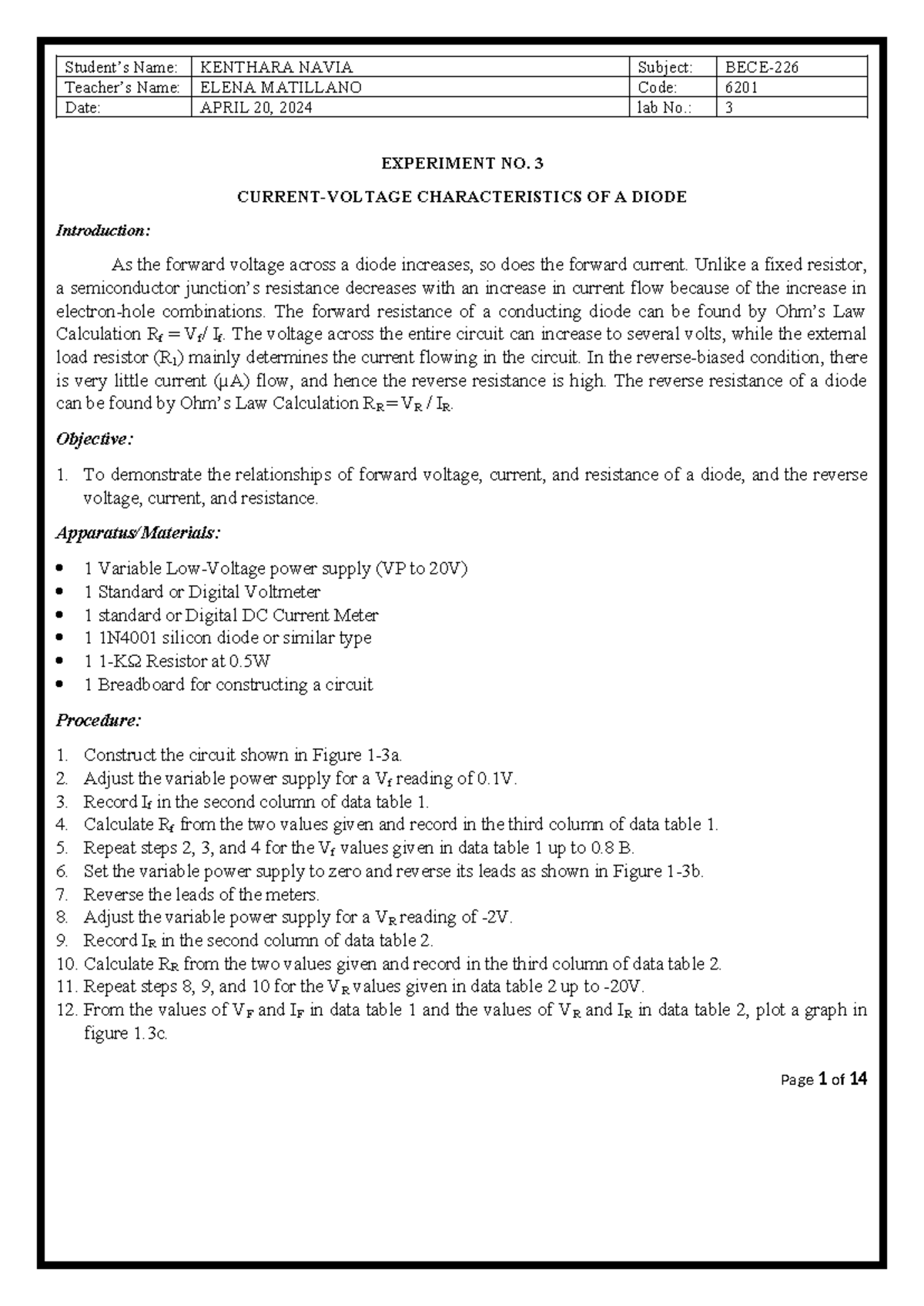 BECE226 - Lab Report: Diode Characteristics and Rectification ...