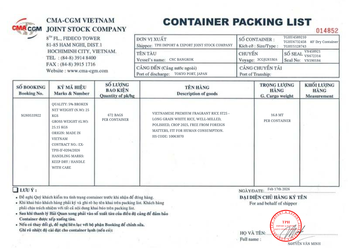 Container Packing List CMA - TPH IMPORT & EXPORT JOINT STOCK COMPANY ...