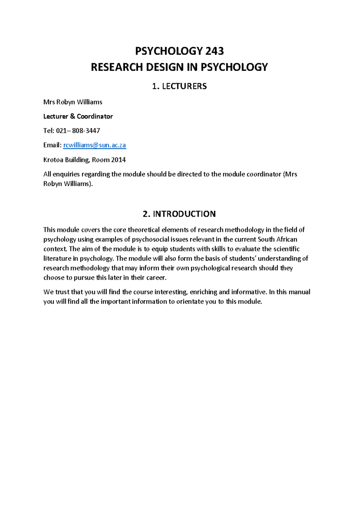 Psychology 243 Research Design Module Framework Overview - Studocu