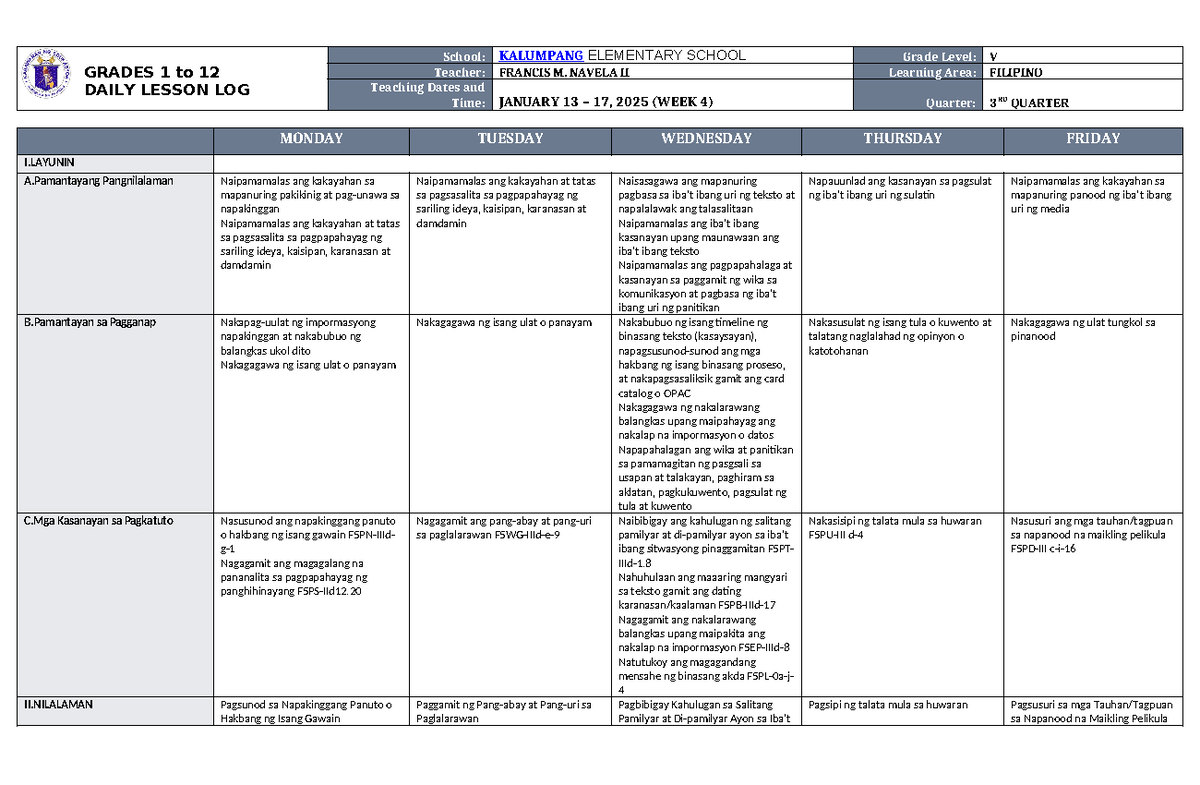 DLL Filipino 5 Q3 W4 Daily Lesson Plan and Learning Activities - Studocu