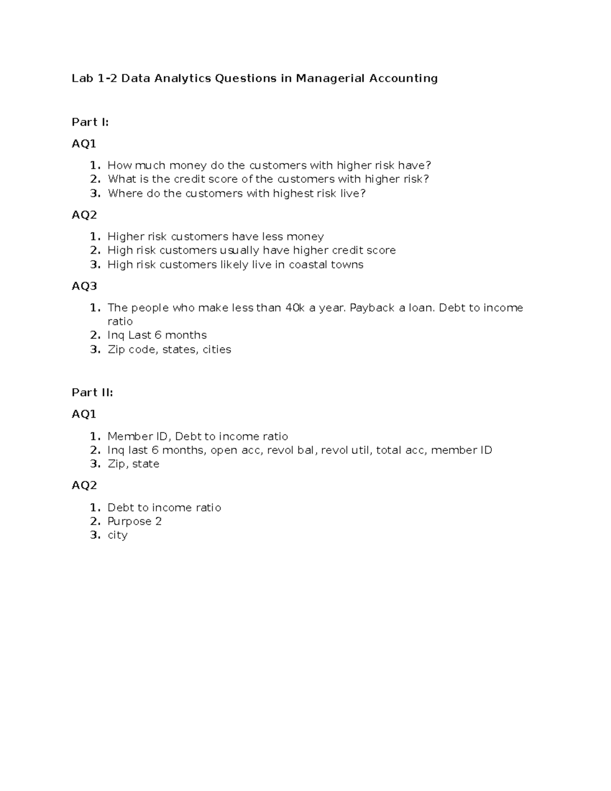 Lab Data Analytics Questions in Managerial Accounting Part I & II - Studocu