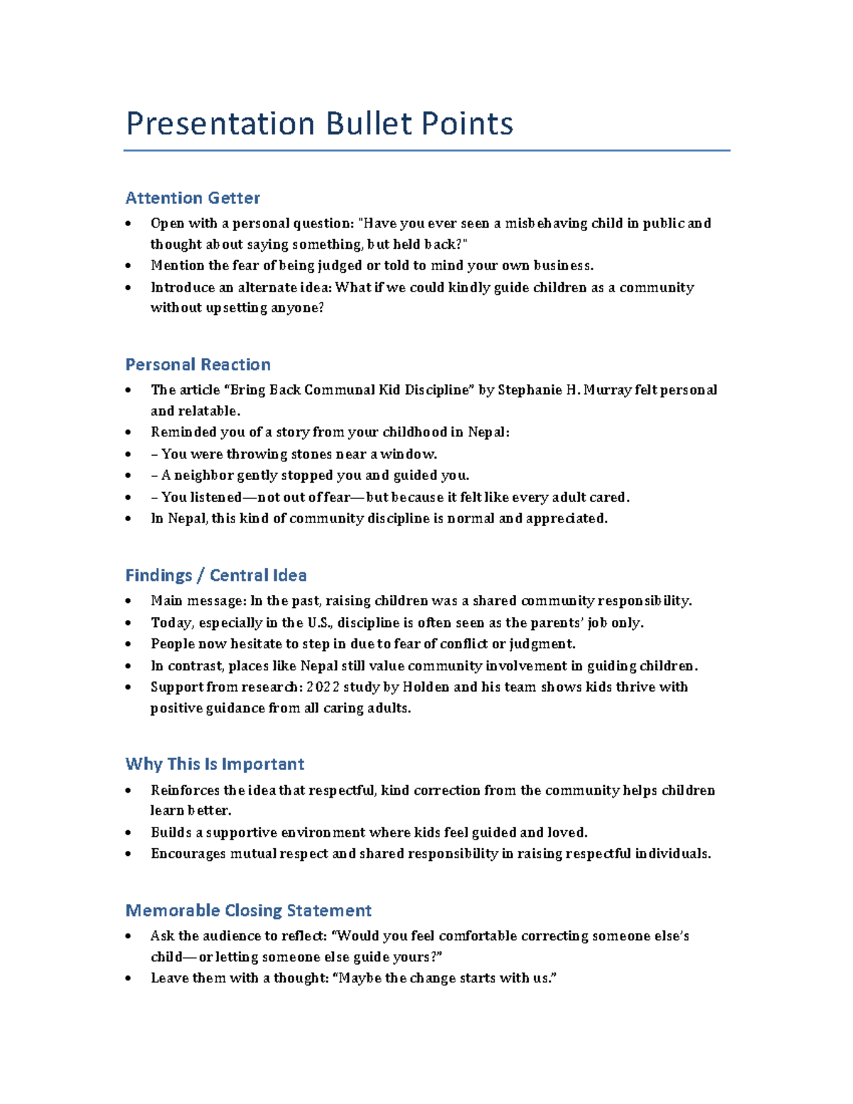 Presentation Bullet Points: Community Guidance in Child Discipline ...
