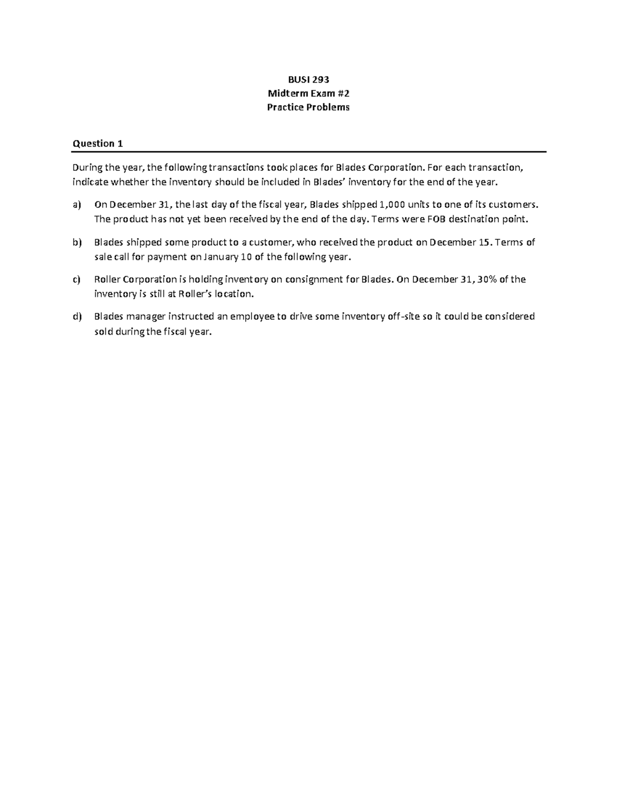 BUSI 293 Midterm 2 Practice Questions - BUSI 293 Midterm Exam ...