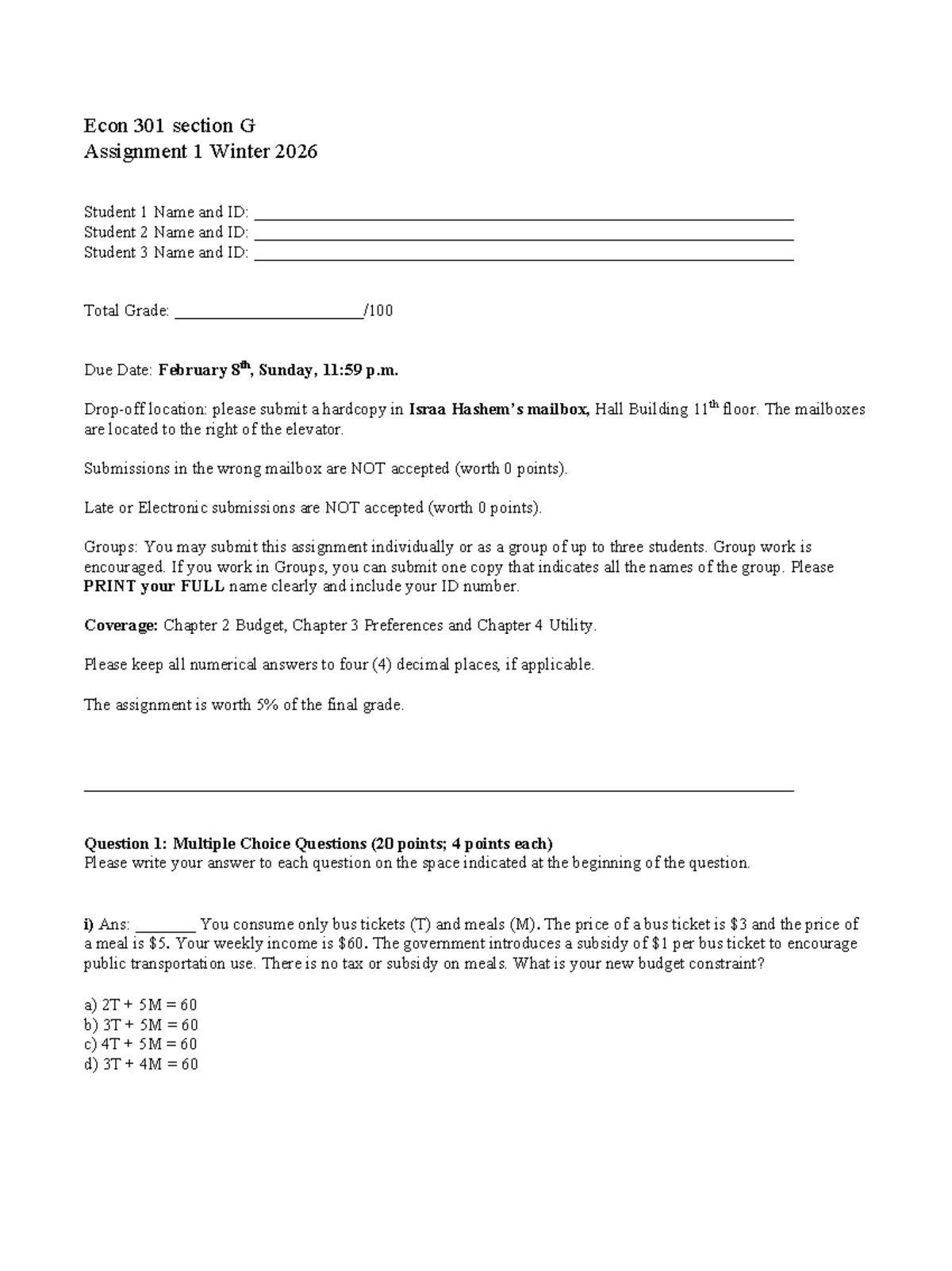 Econ 301 Section G Assignment 1: Budget & Preferences Analysis - Studocu