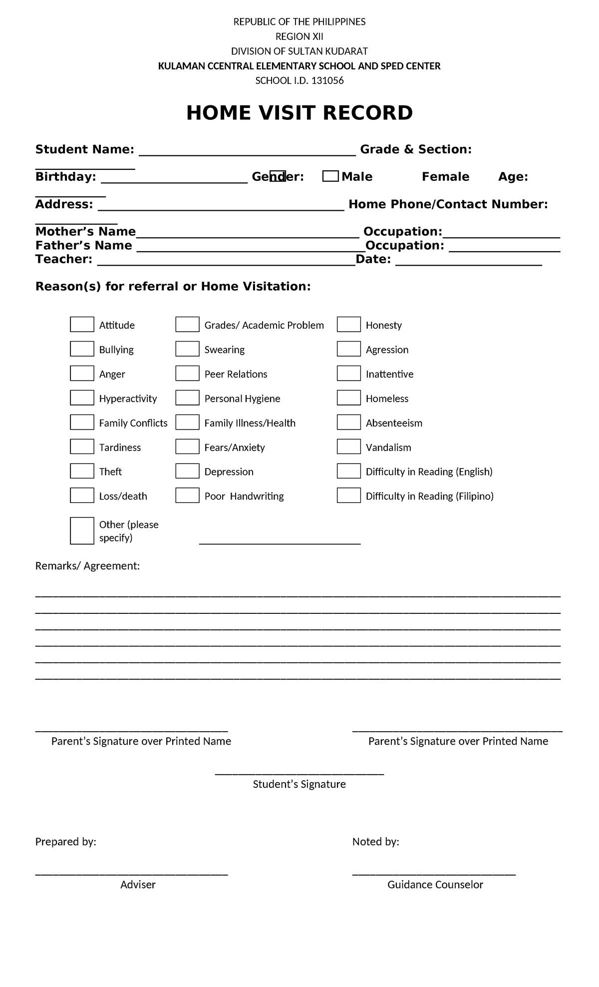 learners materials - HOME VISIT RECORD Student Name