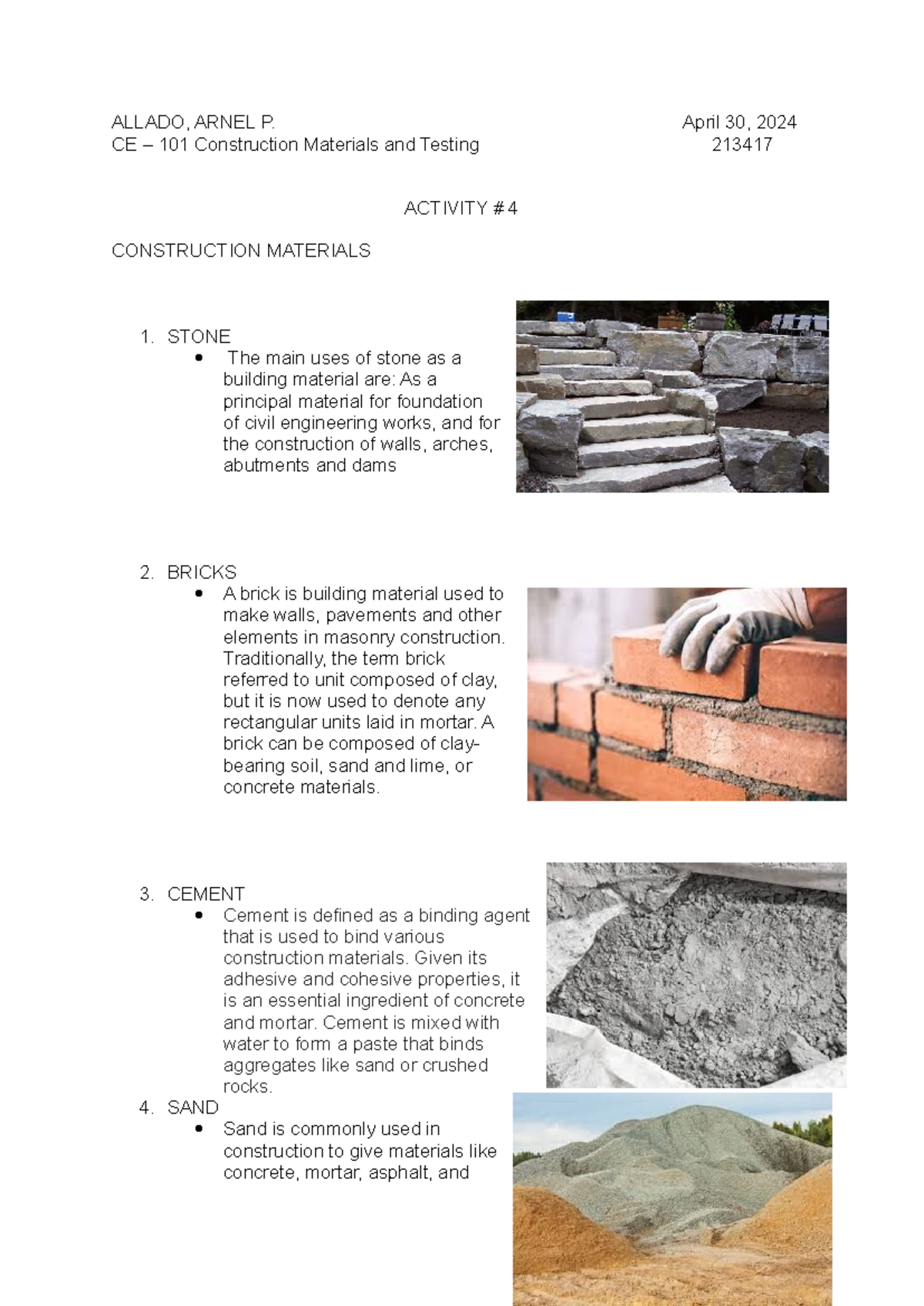 CE-101 CMT Activity 4: Key Construction Materials Overview - Studocu