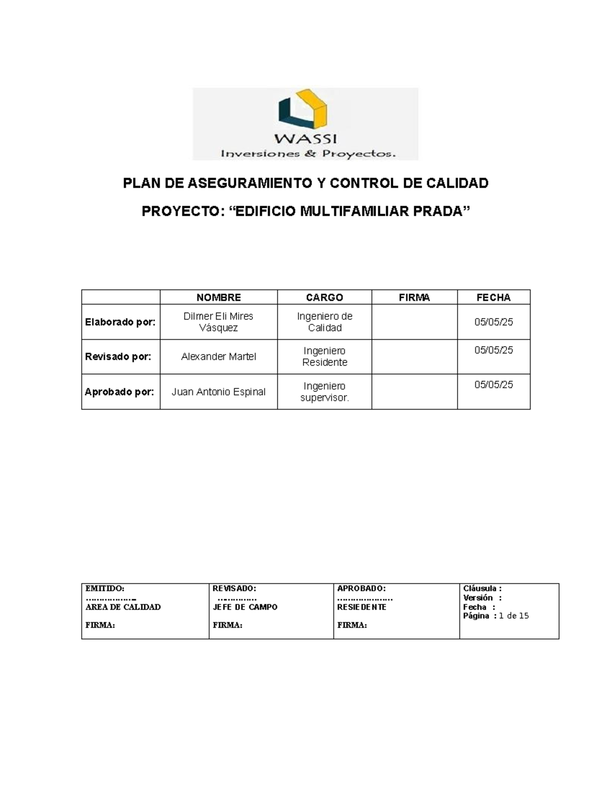PLAN DE ASEGURAMIENTO Y CONTROL DE CALIDAD - PROYECTO MULTIFAMILIAR ...