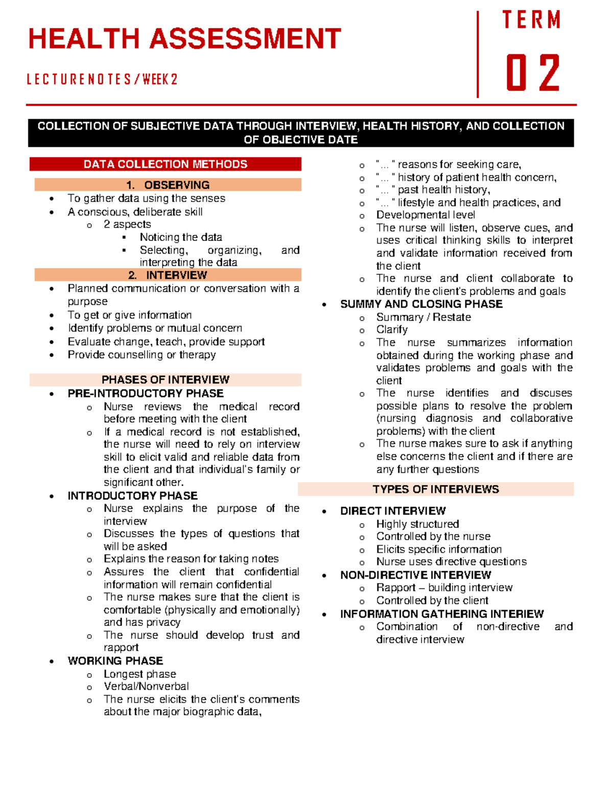HA Trans WEEK 2 - Comprehensive Health Assessment Lecture Notes - Studocu