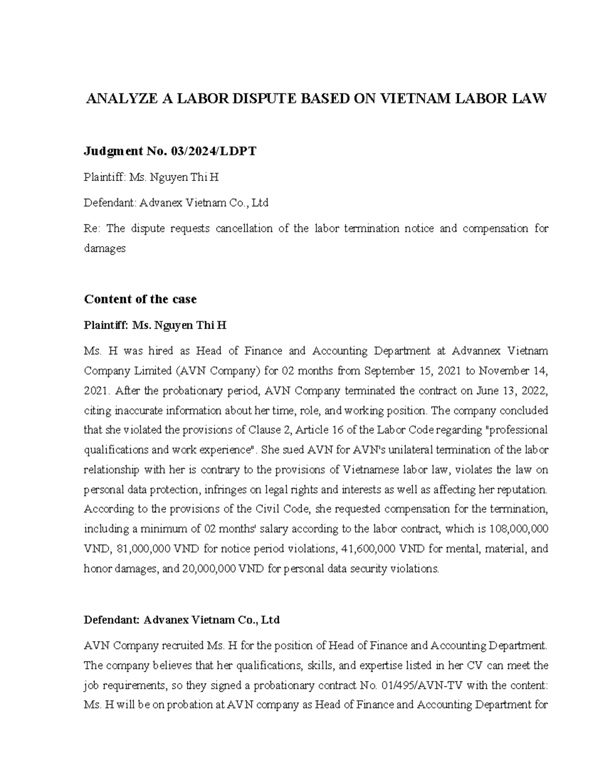 BLW 101 Labor Dispute Analysis: Judgment No. 03/2024/LDPT Overview ...