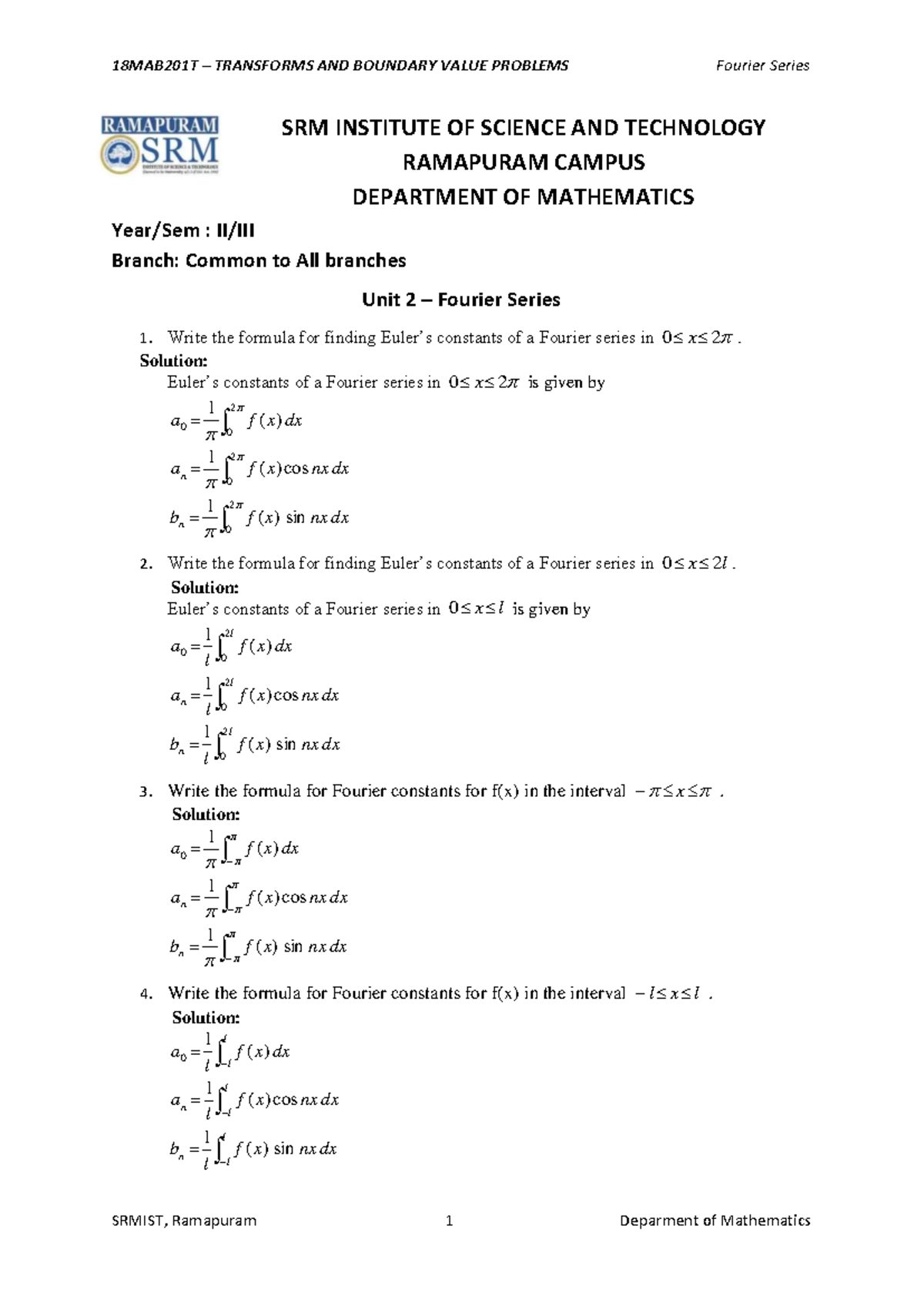 Unit II Part B - Transforms And Boundary Value Problems 18MAB201 - SRM ...